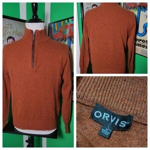 Orvis Men’s Medium 100% Wool Quarter Zip Sweat Shirt Rust Orange Light Pullover